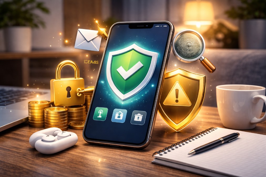 Smartphone with security icons and safety tools